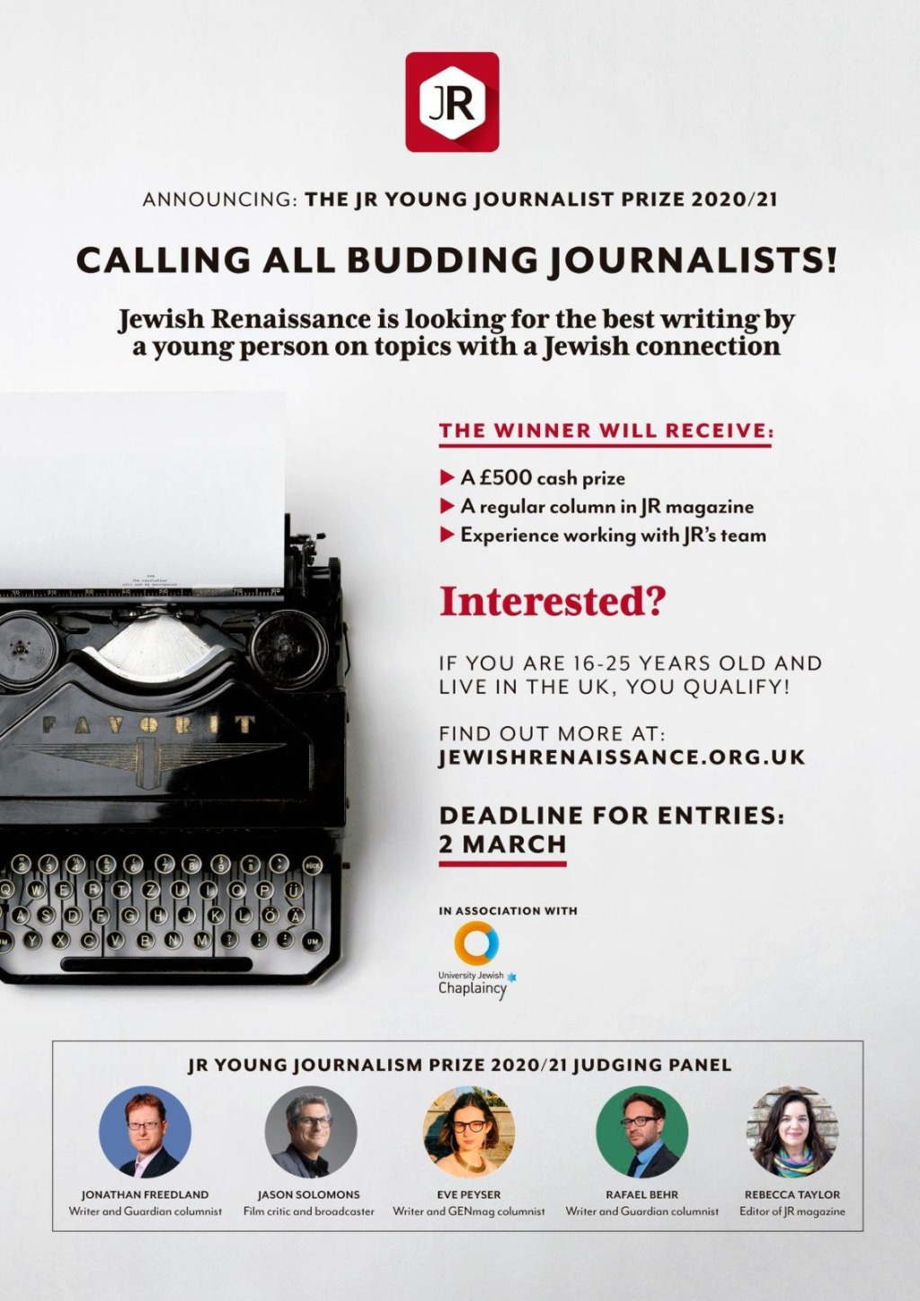 ANNOUNCEMENT: Jewish Renaissance Young Journalist Prize 2020/21